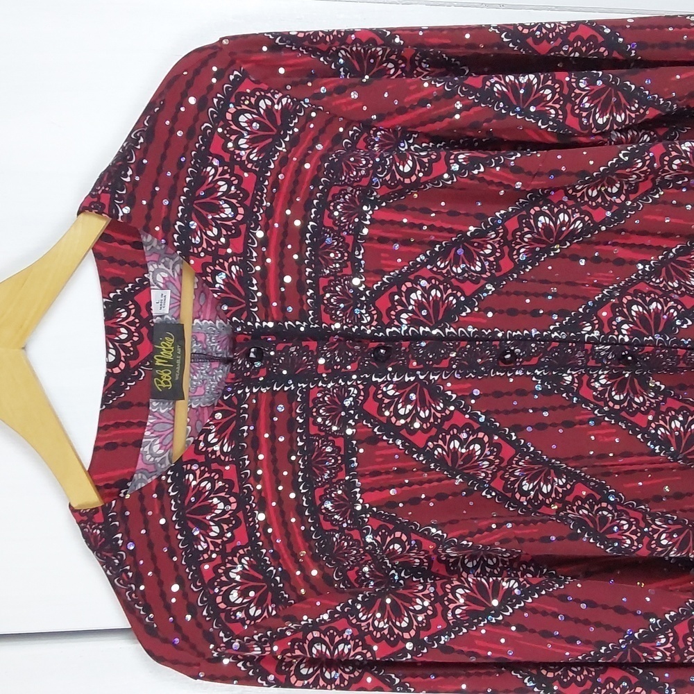 Bob Mackie| Burgundy Red Artsy Full Sequins Sparkle Button Down FANCY Top Sz.L